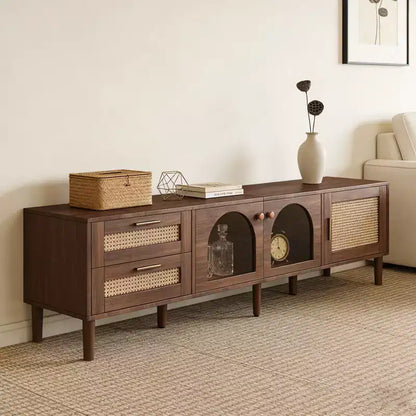 Meuble TV moderne de 86 po pour téléviseurs jusqu'à 90 po, 2 tiroirs et rangement avec porte en verre, marron