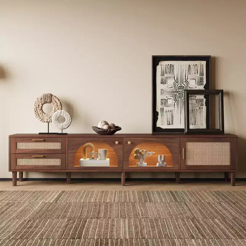 Meuble TV moderne de 86 po pour téléviseurs jusqu'à 90 po, 2 tiroirs et rangement avec porte en verre, marron