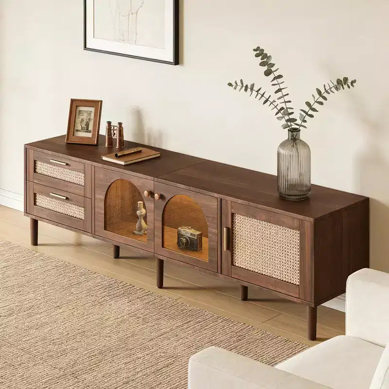 Meuble TV moderne de 86 po pour téléviseurs jusqu'à 90 po, 2 tiroirs et rangement avec porte en verre, marron
