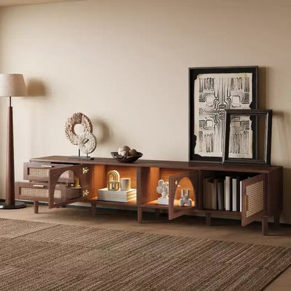 Meuble TV moderne de 86 po pour téléviseurs jusqu'à 90 po, 2 tiroirs et rangement avec porte en verre, marron