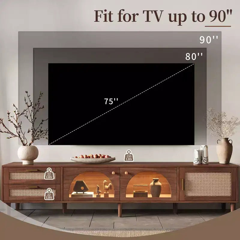 Meuble TV moderne de 86 po pour téléviseurs jusqu'à 90 po, 2 tiroirs et rangement avec porte en verre, marron