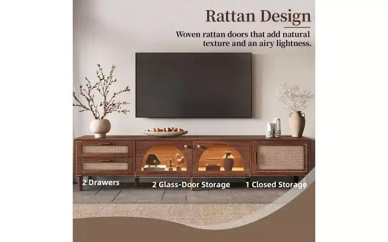 Meuble TV moderne de 86 po pour téléviseurs jusqu'à 90 po, 2 tiroirs et rangement avec porte en verre, marron
