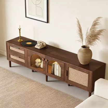 Meuble TV moderne de 86 po pour téléviseurs jusqu'à 90 po, 2 tiroirs et rangement avec porte en verre, marron