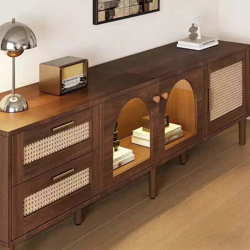 Meuble TV moderne de 86 po pour téléviseurs jusqu'à 90 po, 2 tiroirs et rangement avec porte en verre, marron