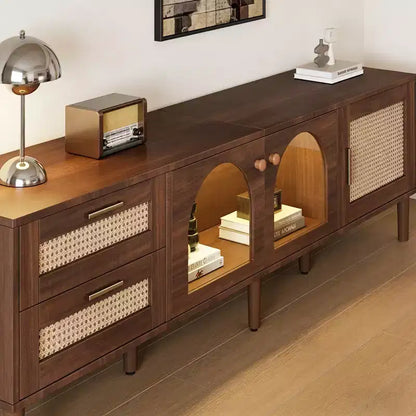Meuble TV moderne de 86 po pour téléviseurs jusqu'à 90 po, 2 tiroirs et rangement avec porte en verre, marron