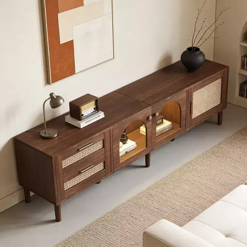 Meuble TV moderne de 86 po pour téléviseurs jusqu'à 90 po, 2 tiroirs et rangement avec porte en verre, marron