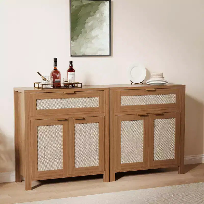Buffet en rotin pour entrée - Étagères réglables et tiroir, pour cuisine/salle à manger/salon (Construction en bois robuste)