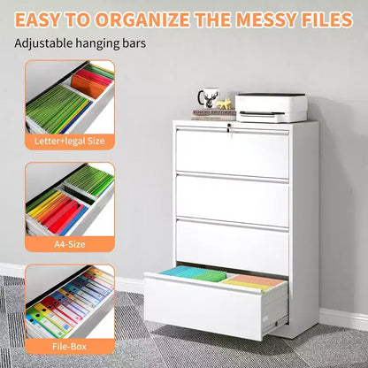 Classeur latéral blanc verrouillable à 4 tiroirs de 132 cm de haut, classeur métallique pour bureau à domicile, compatible format légal/lettre/A4/F4