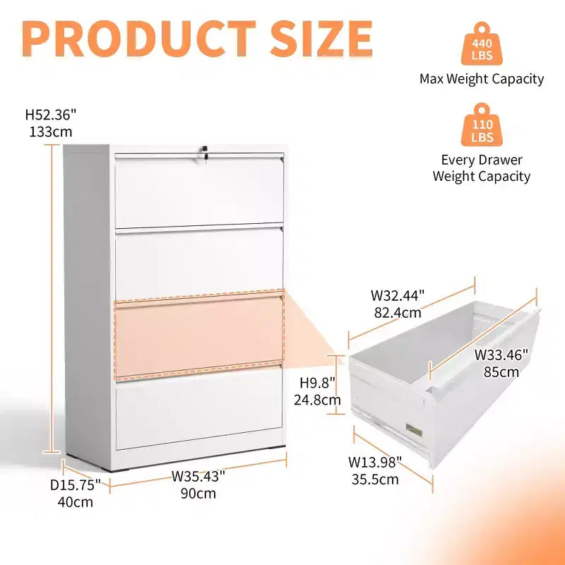 Classeur latéral blanc verrouillable à 4 tiroirs de 132 cm de haut, classeur métallique pour bureau à domicile, compatible format légal/lettre/A4/F4