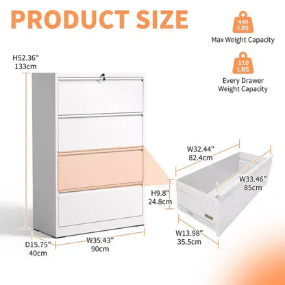 Classeur latéral blanc verrouillable à 4 tiroirs de 132 cm de haut, classeur métallique pour bureau à domicile, compatible format légal/lettre/A4/F4