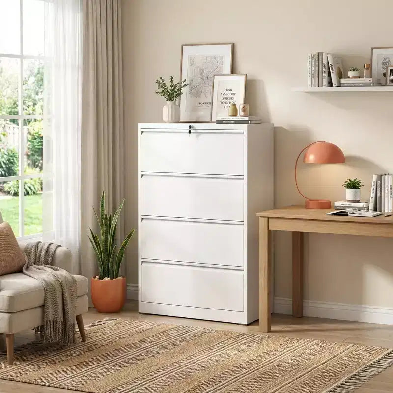 Classeur latéral blanc verrouillable à 4 tiroirs de 132 cm de haut, classeur métallique pour bureau à domicile, compatible format légal/lettre/A4/F4