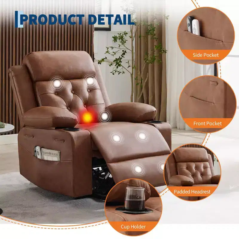Fauteuil inclinable électrique surdimensionné 42" en cuir PU avec massage et chauffage, deux porte-gobelets et poches latérales