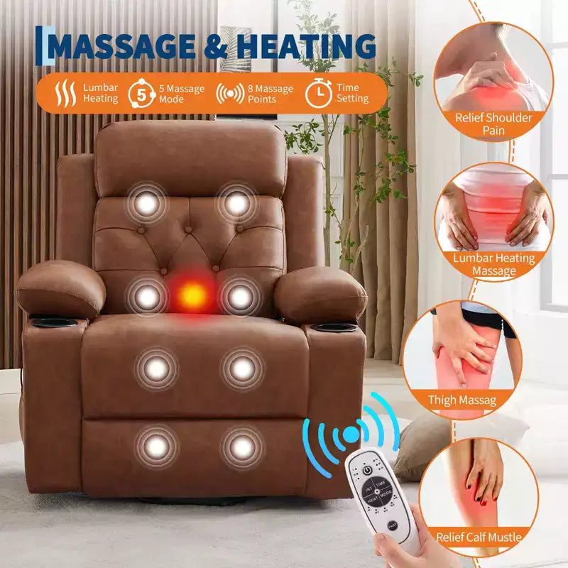 Fauteuil inclinable électrique surdimensionné 42" en cuir PU avec massage et chauffage, deux porte-gobelets et poches latérales
