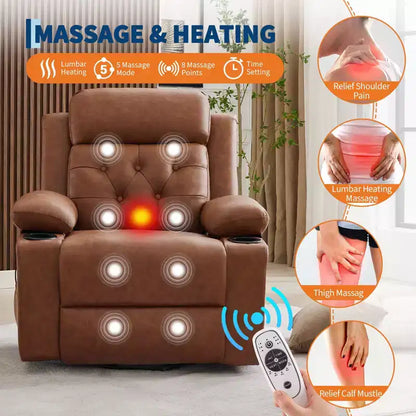 Fauteuil inclinable électrique surdimensionné 42" en cuir PU avec massage et chauffage, deux porte-gobelets et poches latérales