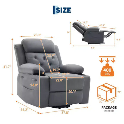 Fauteuil inclinable électrique surdimensionné 42" en cuir PU avec massage et chauffage, deux porte-gobelets et poches latérales