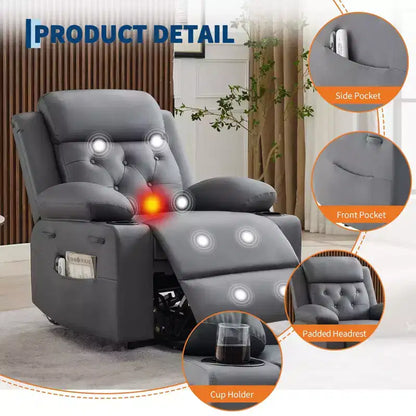 Fauteuil inclinable électrique surdimensionné 42" en cuir PU avec massage et chauffage, deux porte-gobelets et poches latérales