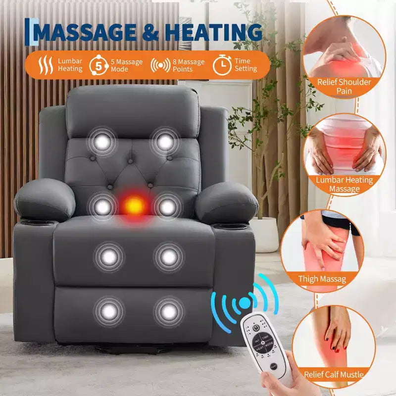 Fauteuil inclinable électrique surdimensionné 42" en cuir PU avec massage et chauffage, deux porte-gobelets et poches latérales