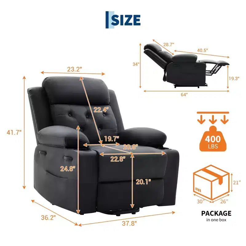Fauteuil inclinable électrique surdimensionné 42" en cuir PU avec massage et chauffage, deux porte-gobelets et poches latérales