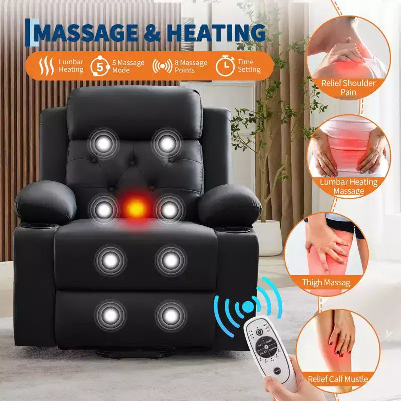 Fauteuil inclinable électrique surdimensionné 42" en cuir PU avec massage et chauffage, deux porte-gobelets et poches latérales