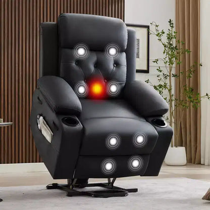 Fauteuil inclinable électrique surdimensionné 42" en cuir PU avec massage et chauffage, deux porte-gobelets et poches latérales