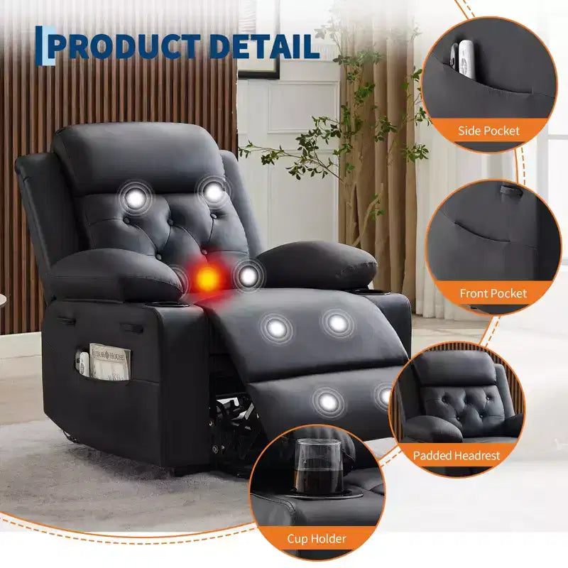 Fauteuil inclinable électrique surdimensionné 42" en cuir PU avec massage et chauffage, deux porte-gobelets et poches latérales