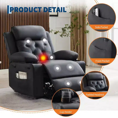 Fauteuil inclinable électrique surdimensionné 42" en cuir PU avec massage et chauffage, deux porte-gobelets et poches latérales