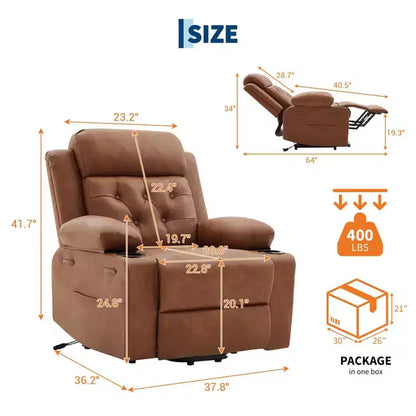 Fauteuil inclinable électrique surdimensionné 42" en cuir PU avec massage et chauffage, deux porte-gobelets et poches latérales