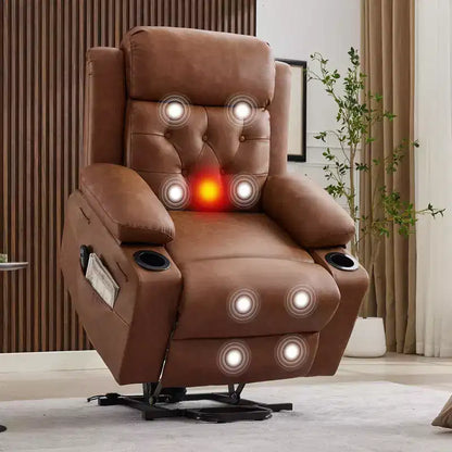 Fauteuil inclinable électrique surdimensionné 42" en cuir PU avec massage et chauffage, deux porte-gobelets et poches latérales