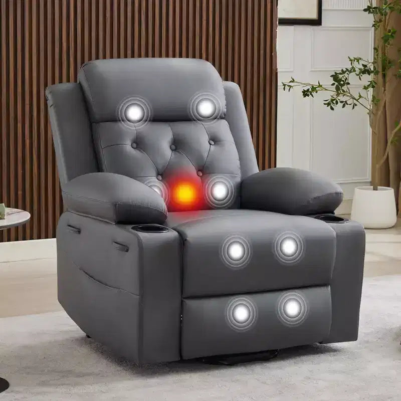 Fauteuil inclinable électrique surdimensionné 42" en cuir PU avec massage et chauffage, deux porte-gobelets et poches latérales
