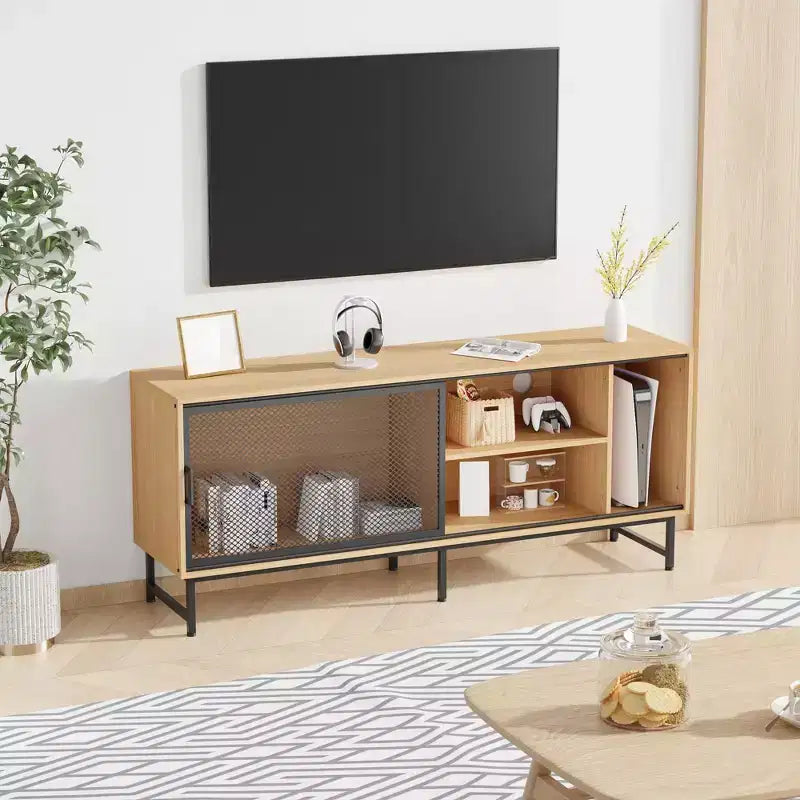Modern TV Stand for TVs up to 65, 63'' Wooden Entertainment Center with Metal Mesh Sliding Door, Media Console Table for Living Room Bedroom