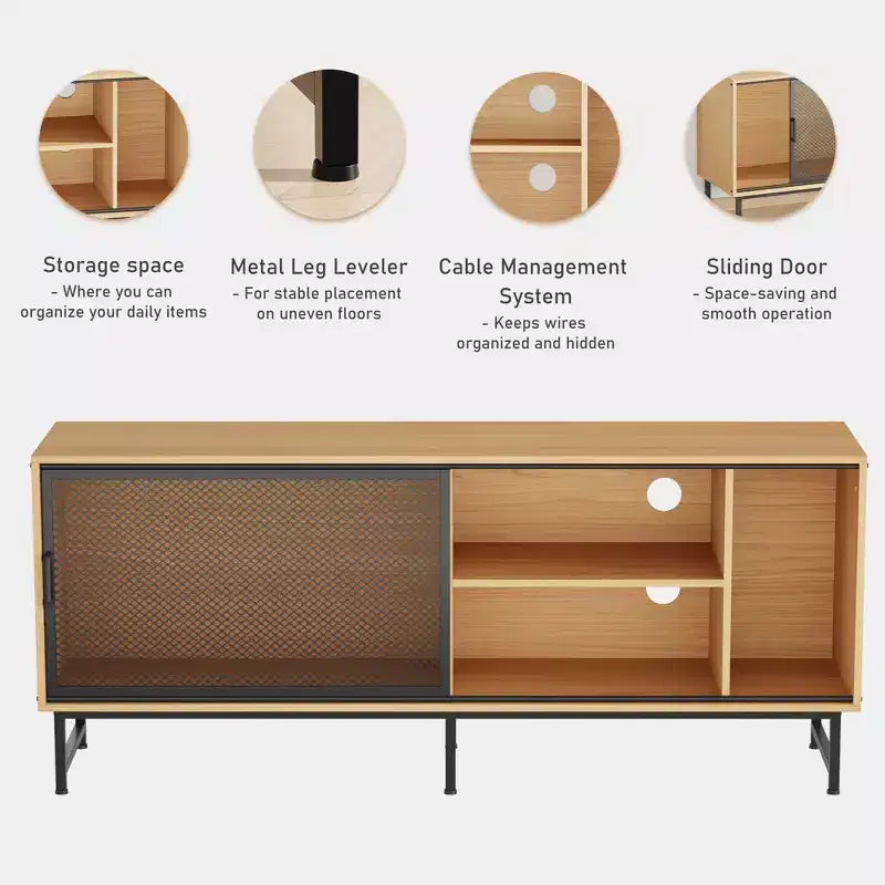 Meuble TV Moderne pour Téléviseurs jusqu'à 65 pouces, Meuble de Rangement TV en Bois de 160 cm avec Porte Coulissante en Maille Métallique, Table Console Multimédia pour Salon et Chambre à Coucher