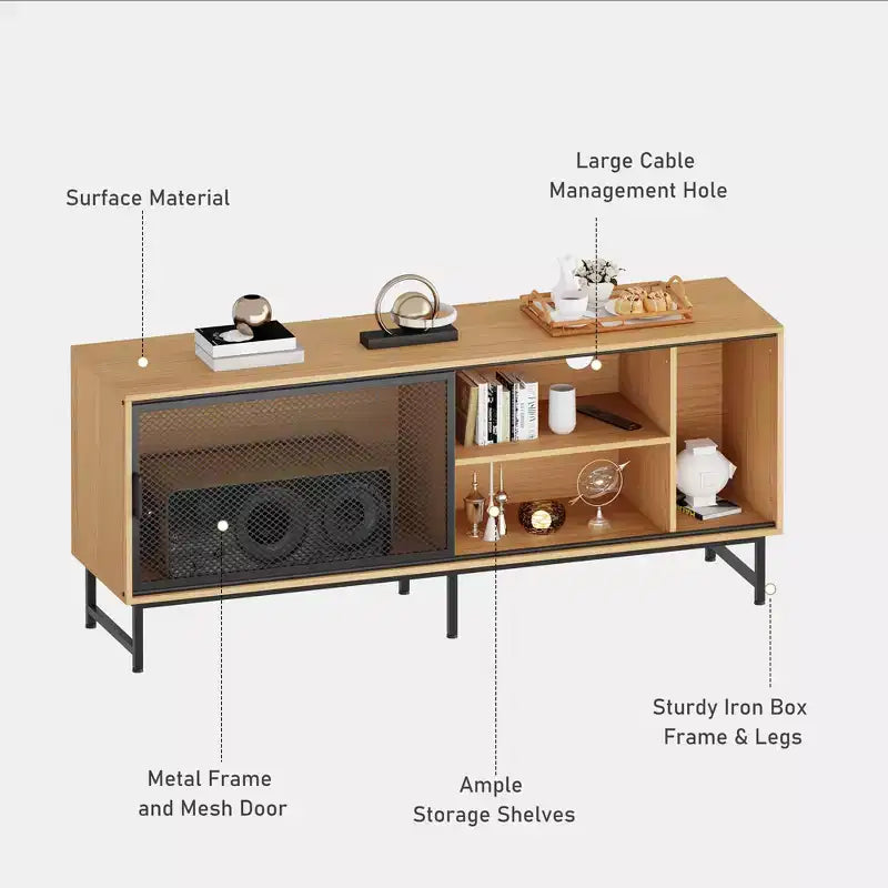 Meuble TV Moderne pour Téléviseurs jusqu'à 65 pouces, Meuble de Rangement TV en Bois de 160 cm avec Porte Coulissante en Maille Métallique, Table Console Multimédia pour Salon et Chambre à Coucher