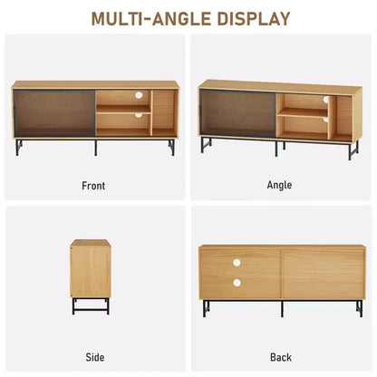 Meuble TV Moderne pour Téléviseurs jusqu'à 65 pouces, Meuble de Rangement TV en Bois de 160 cm avec Porte Coulissante en Maille Métallique, Table Console Multimédia pour Salon et Chambre à Coucher