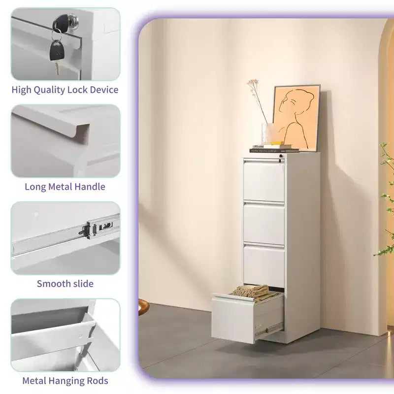 Classeur vertical 4 tiroirs en métal blanc de 132 cm de haut avec serrure, armoire de classement en acier pour bureau à domicile, compatible A4/Legal/Lettre