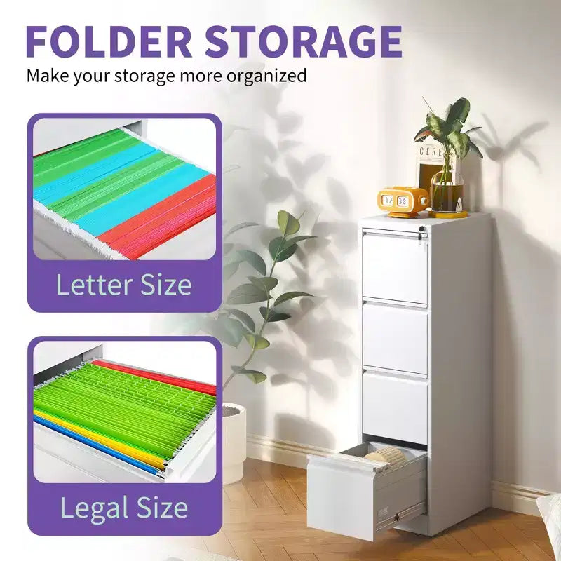 Classeur vertical 4 tiroirs en métal blanc de 132 cm de haut avec serrure, armoire de classement en acier pour bureau à domicile, compatible A4/Legal/Lettre