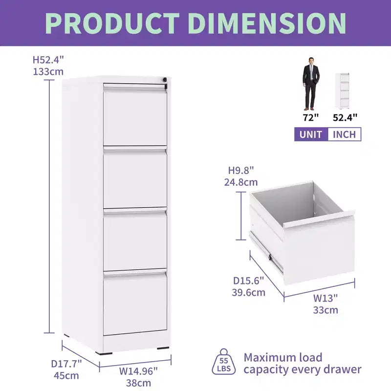 Classeur vertical 4 tiroirs en métal blanc de 132 cm de haut avec serrure, armoire de classement en acier pour bureau à domicile, compatible A4/Legal/Lettre