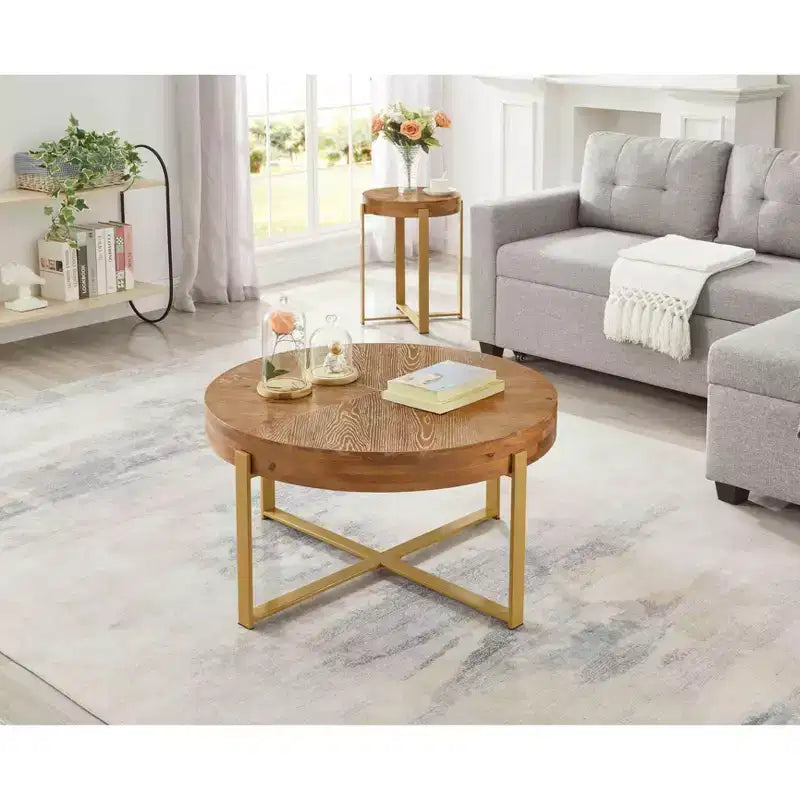 EHMKNP 32.28 Rustic Vintage Round Wood Coffee Table with Gold Metal Legs