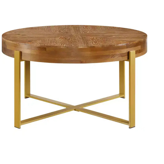 Table basse ronde vintage rustique en bois de 32 po avec pieds en métal doré, table centrale de salon