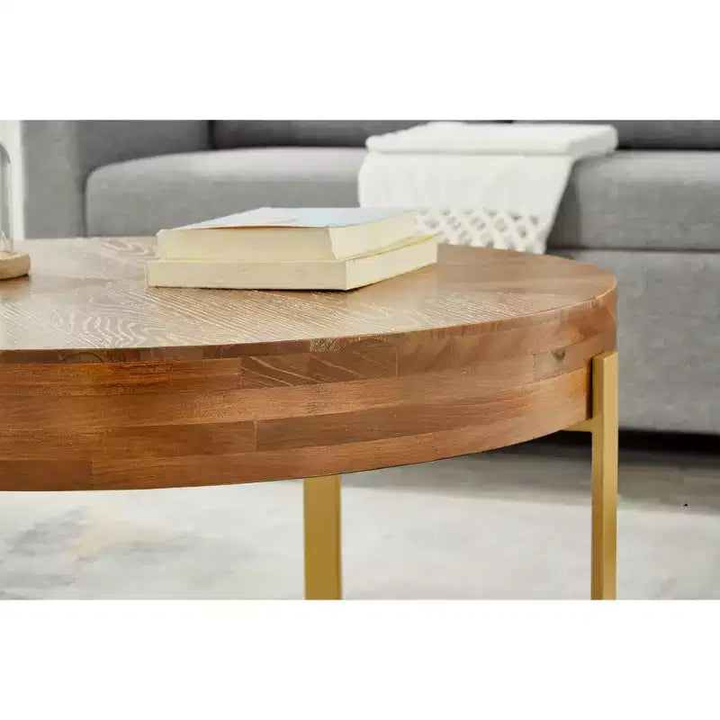 Table basse ronde vintage rustique en bois de 32 po avec pieds en métal doré, table centrale de salon