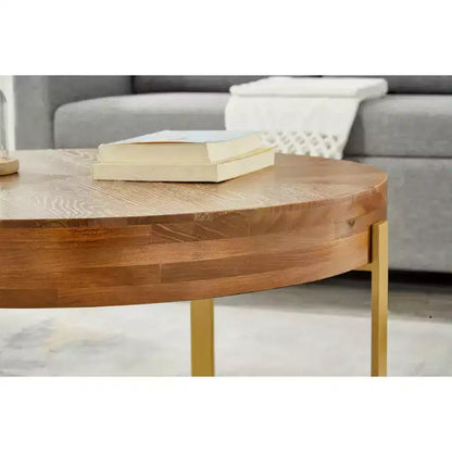 Table basse ronde vintage rustique en bois de 32 po avec pieds en métal doré, table centrale de salon