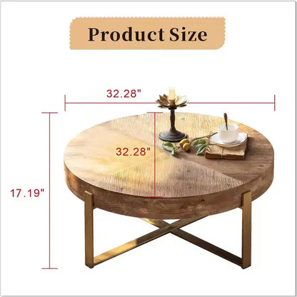 Table basse ronde vintage rustique en bois de 32 po avec pieds en métal doré, table centrale de salon