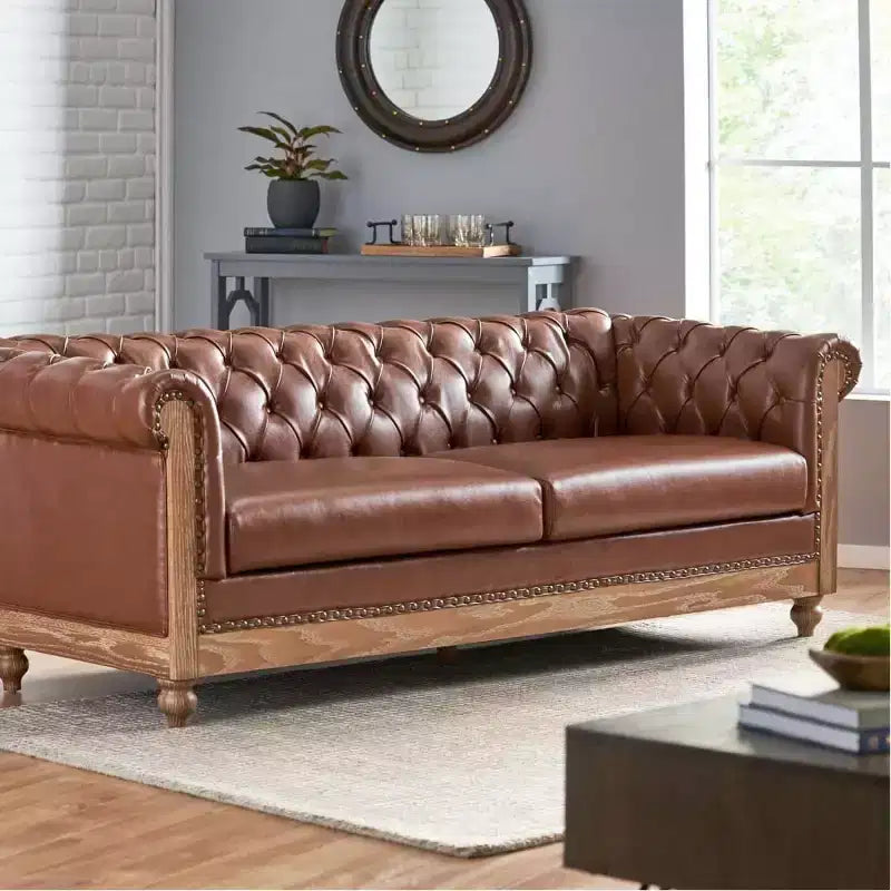 Canapé Chesterfield classique 3 places, dossier capitonné, clous décoratifs, pieds en bois, canapé d'appoint en similicuir pour salon