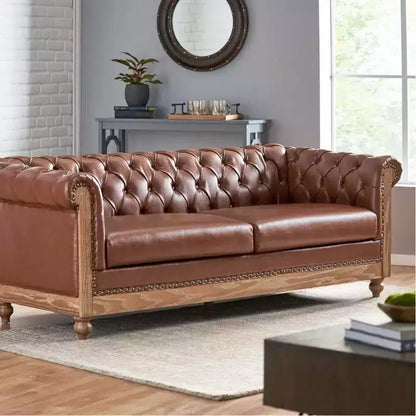 Canapé Chesterfield classique 3 places, dossier capitonné, clous décoratifs, pieds en bois, canapé d'appoint en similicuir pour salon