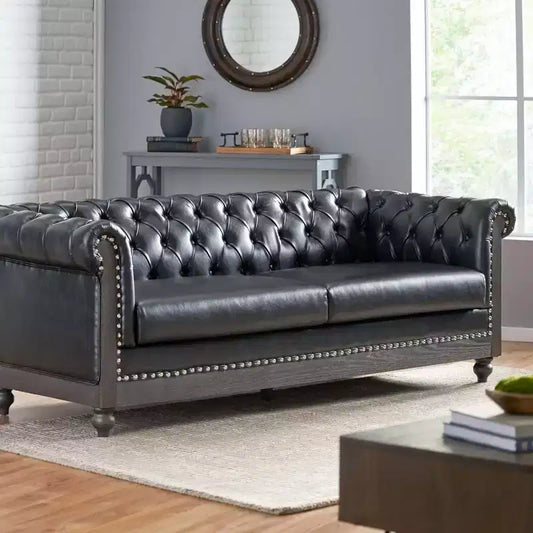 Canapé Chesterfield classique 3 places, dossier capitonné, clous décoratifs, pieds en bois, canapé d'appoint en similicuir pour salon