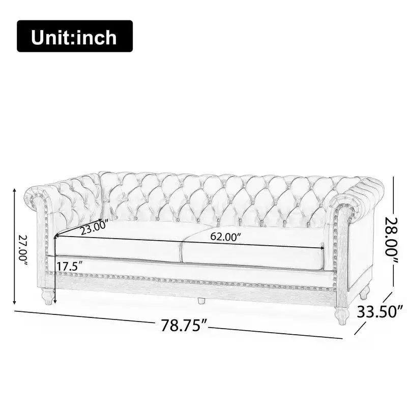 Canapé Chesterfield classique 3 places, dossier capitonné, clous décoratifs, pieds en bois, canapé d'appoint en similicuir pour salon