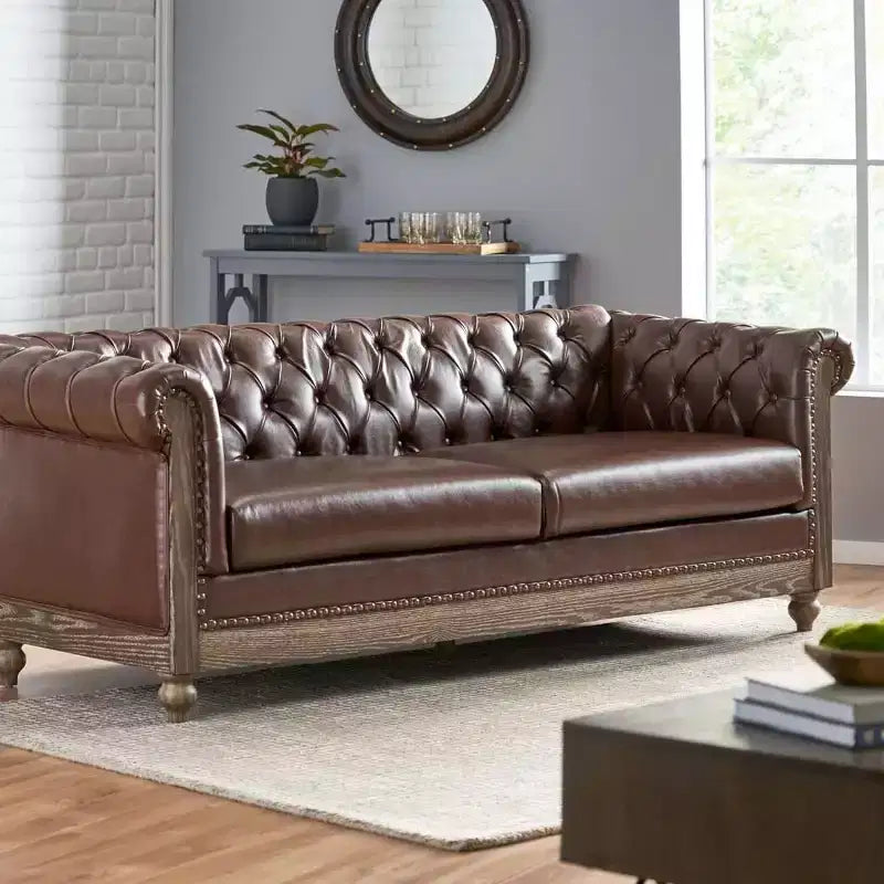 Canapé Chesterfield classique 3 places, dossier capitonné, clous décoratifs, pieds en bois, canapé d'appoint en similicuir pour salon