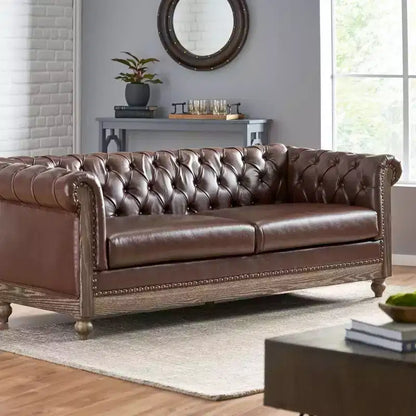 Canapé Chesterfield classique 3 places, dossier capitonné, clous décoratifs, pieds en bois, canapé d'appoint en similicuir pour salon