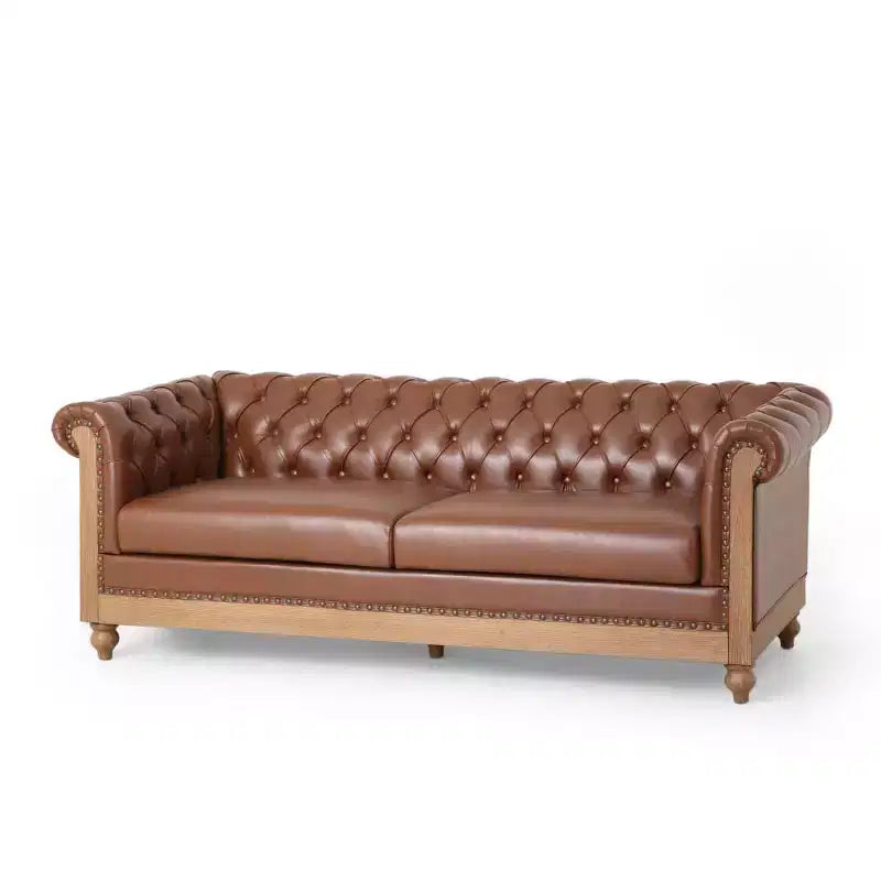 Canapé Chesterfield classique 3 places, dossier capitonné, clous décoratifs, pieds en bois, canapé d'appoint en similicuir pour salon