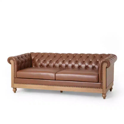 Canapé Chesterfield classique 3 places, dossier capitonné, clous décoratifs, pieds en bois, canapé d'appoint en similicuir pour salon