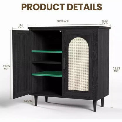 Bahut de cuisine avec rotin, pieds en bois massif pour salon, couloir, entrée, buffet avec grand espace de rangement